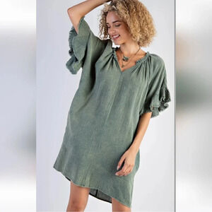 New! Easel Green Mineral Washed Cotton Gauze Dress S